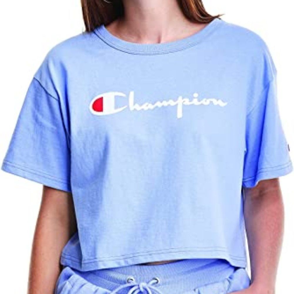Champion Light Blue Crop Top with White Logo and Red Accent